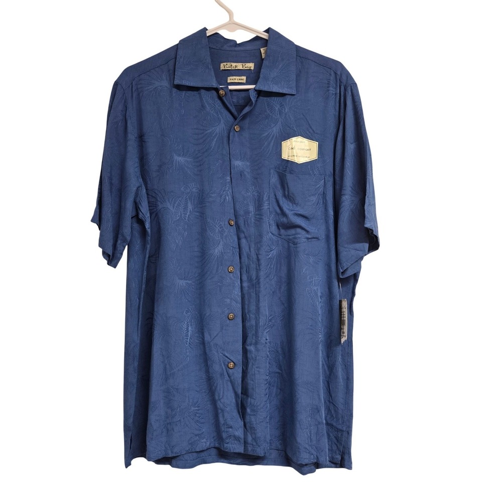 Batik Bay Button Down Shirt Marine Blue Jacquard Tropical Leaf Rayon Men's M NWT